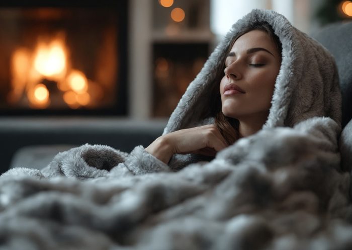 kapucnis nő a kandalló mellett alszik