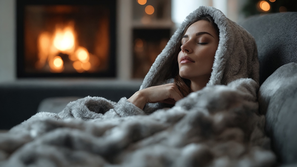 kapucnis nő a kandalló mellett alszik